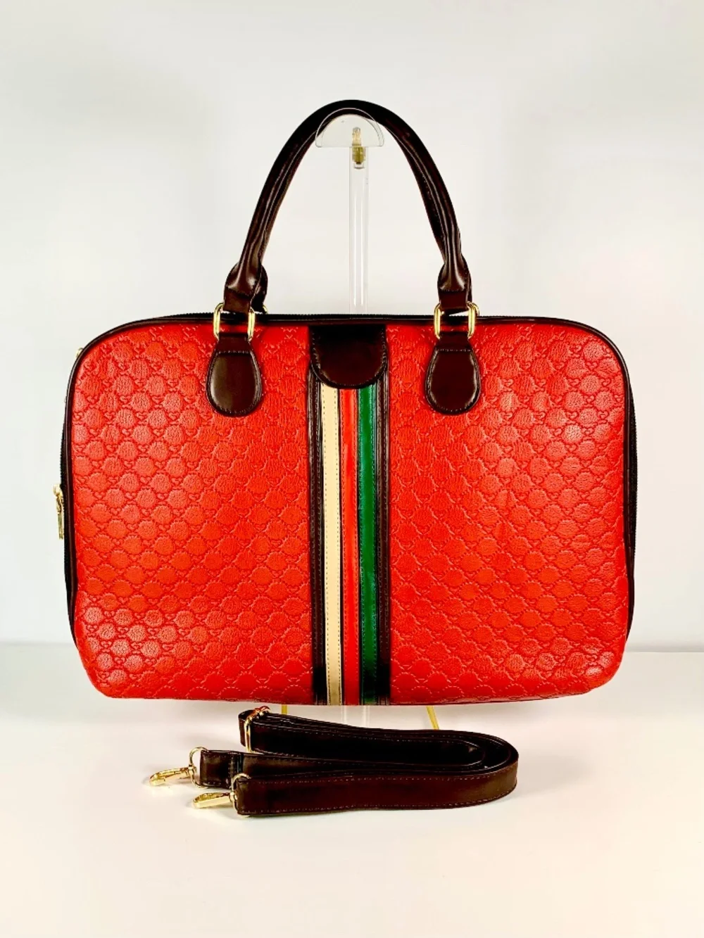Laptop Crossbody Briefcase Bag Red Heart Quilted Green Cream Stripe Leather